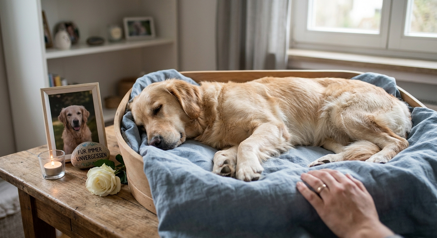 Tierurne mit Kerze und Hundehalsband als Erinnerungsort zu Hause