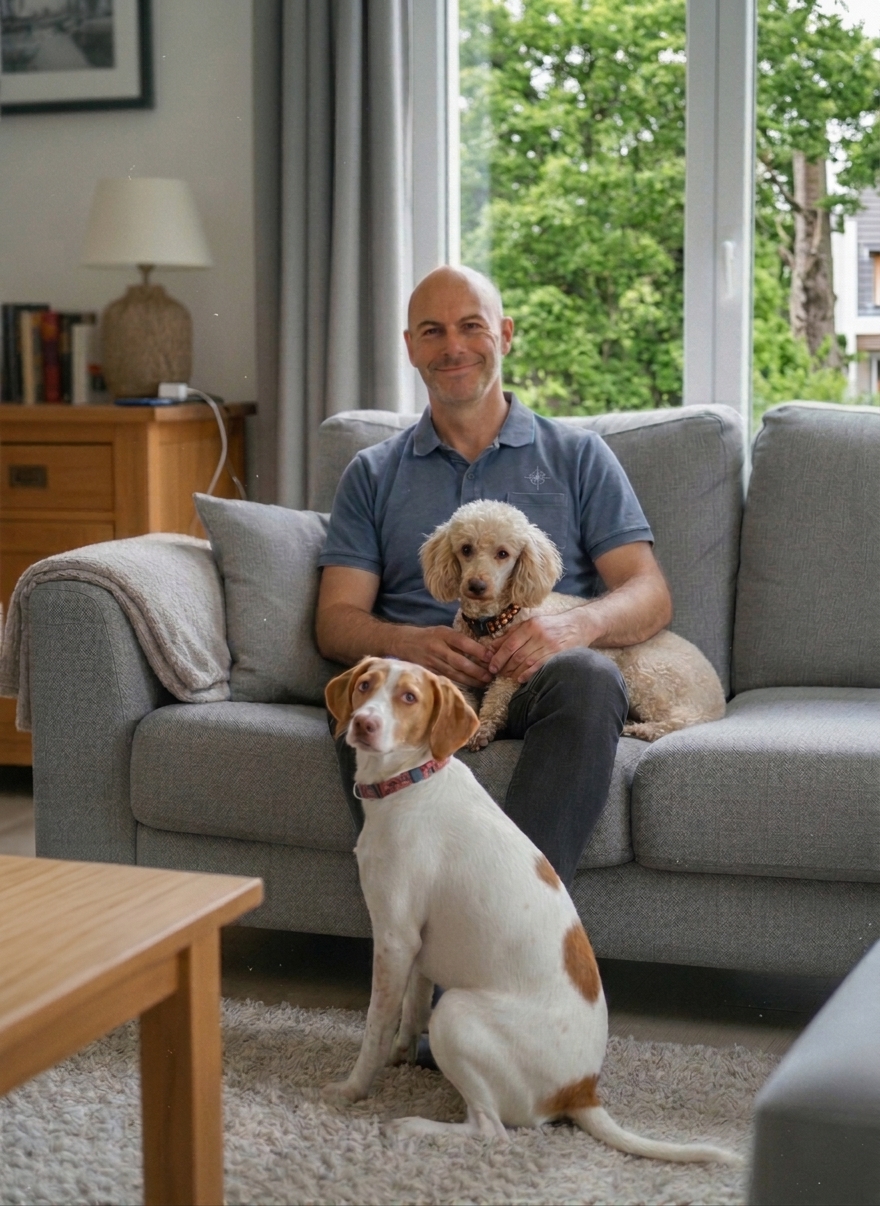 Régis mit Hunden im Wohnzimmer – Wie die Geschichte von Tierurnen Profi begann