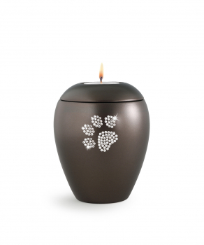 Schöne Tierurne Crystal  Chocolat mit Kristall-Pfote und Teelichtdeckel