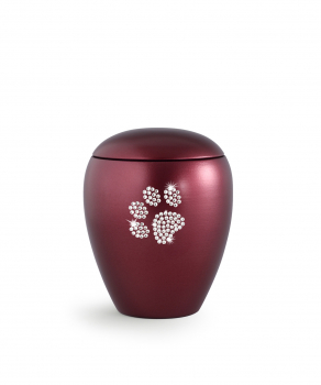Tierurne Crystal mit Kristall-Pfote Farbe:  Perlmutt Weinrot mit/ohne Gedenklicht 2 versch. Größen