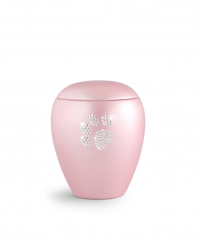Tierurne Crystal mit Kristall-Pfote Farbe:  Perlmutt Rosé mit/ohne Gedenklicht 2 versch. Größen