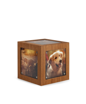 Fotourne Memori Cube aus Mahagoni Echtholz mit 5 Bildern für Hunde bis 35kg.