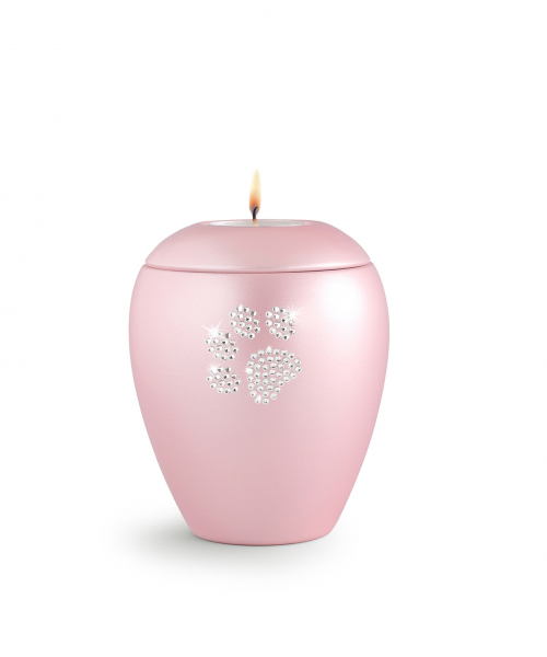 Schöne Tierurne Crystal Rosé mit Kristall-Pfote und Teelichtdeckel