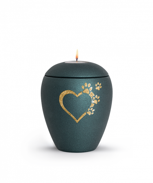 Tierurne Verona Farbe Petrol mit Motiv Edition Star Herz-Pfoten und Teelichtdeckel
