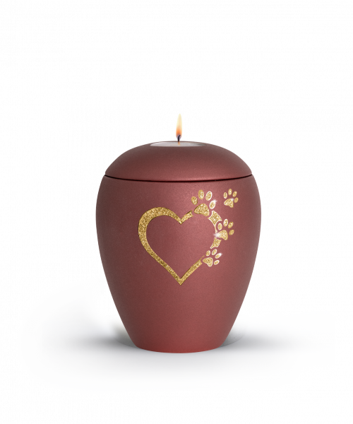 Tierurne Verona Farbe Rubin mit Motiv Edition Star Herz-Pfoten und Teelichtdeckel