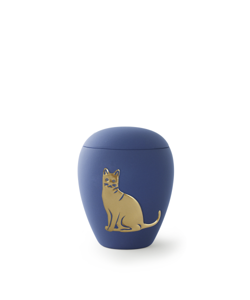 Katzenurne aus Keramik mit samtiger Oberfläche und goldenem Katzen-Relief, einmal geschlossen und einmal mit brennendem Gedenklicht.