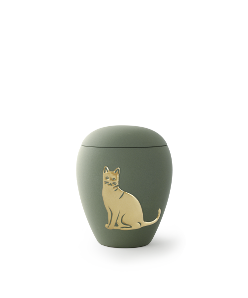 Das Bild zeigt zwei Varianten der Katzenurne "Siena" . Die linke Urne ist bündig mit einem Deckel geschlossen, während die rechte Urne im Deckel eine Vertiefung für ein brennendes Teelicht besitzt. Beide Urnen haben eine matte, samtig wirkende Oberfläche.