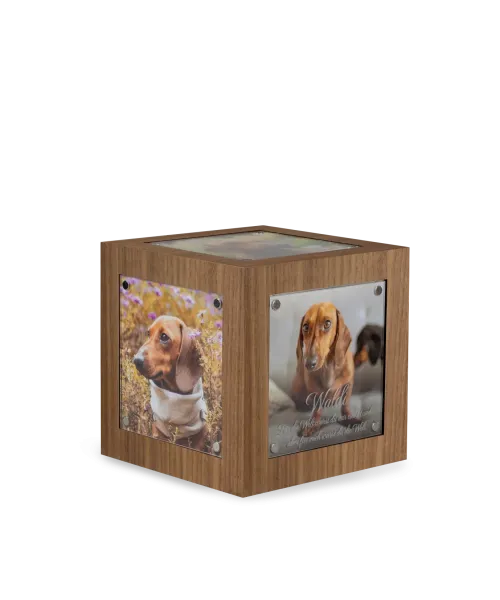 Photo cube urn made of dark walnut real wood with five image segments.