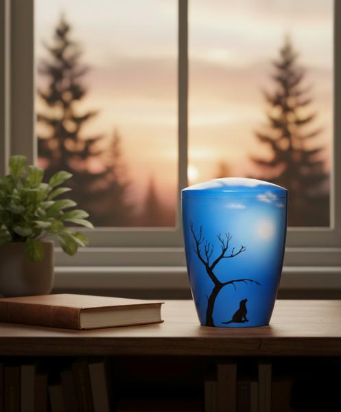 Bright blue pet urn with dog and tree under a sunny sky. A loving and peaceful keepsake for your beloved darling. Honour your pet's memory beautifully – see the options and order.