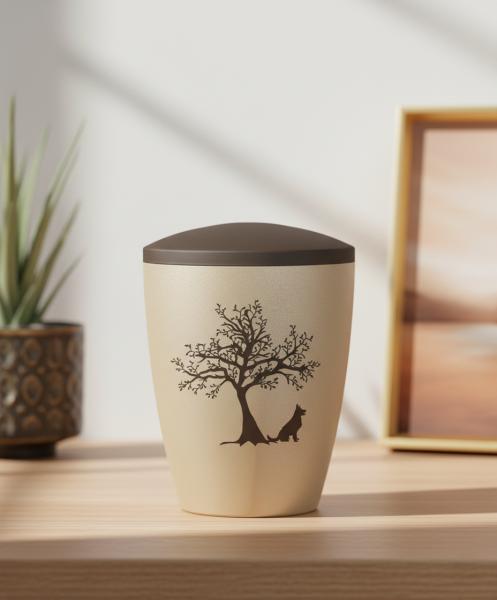 Special pet urn for dogs in beige with a velvety surface and brown lid, adorned with a pad printed motif of a branched tree and a loyal sitting dog silhouette – A dignified keepsake for the home.