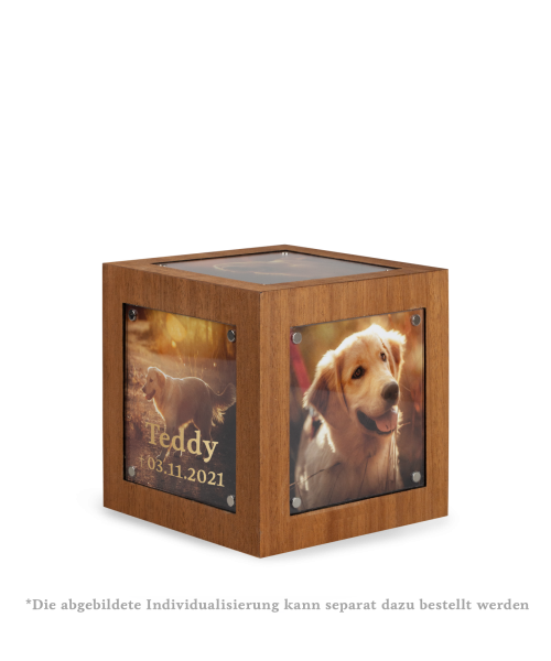 High-quality Memori Cube 907M in walnut finish. The velvety matte surface of the real wood encloses five windows for pet photos, making the urn a unique piece of remembrance.