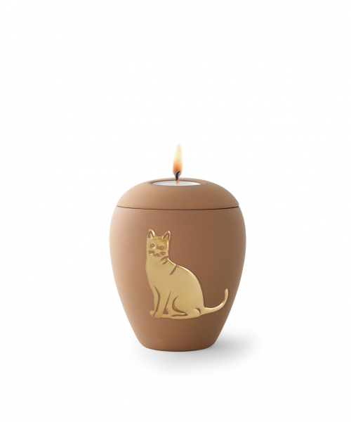 Animal Urn with Cat Relief in Glold with or without Tealight Holder