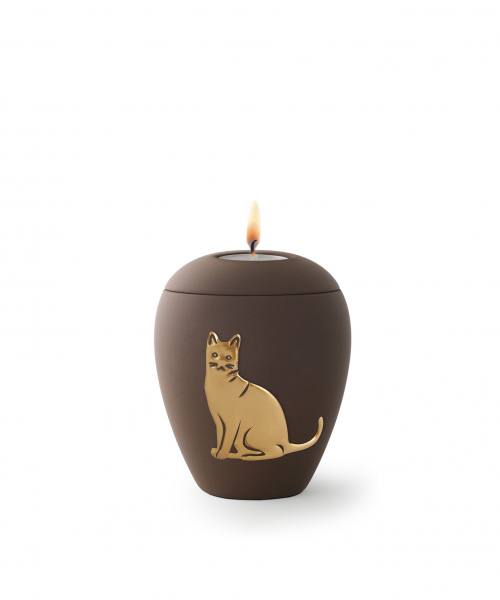 Animal Urn with Cat Relief in Glold with or without Tealight Holder